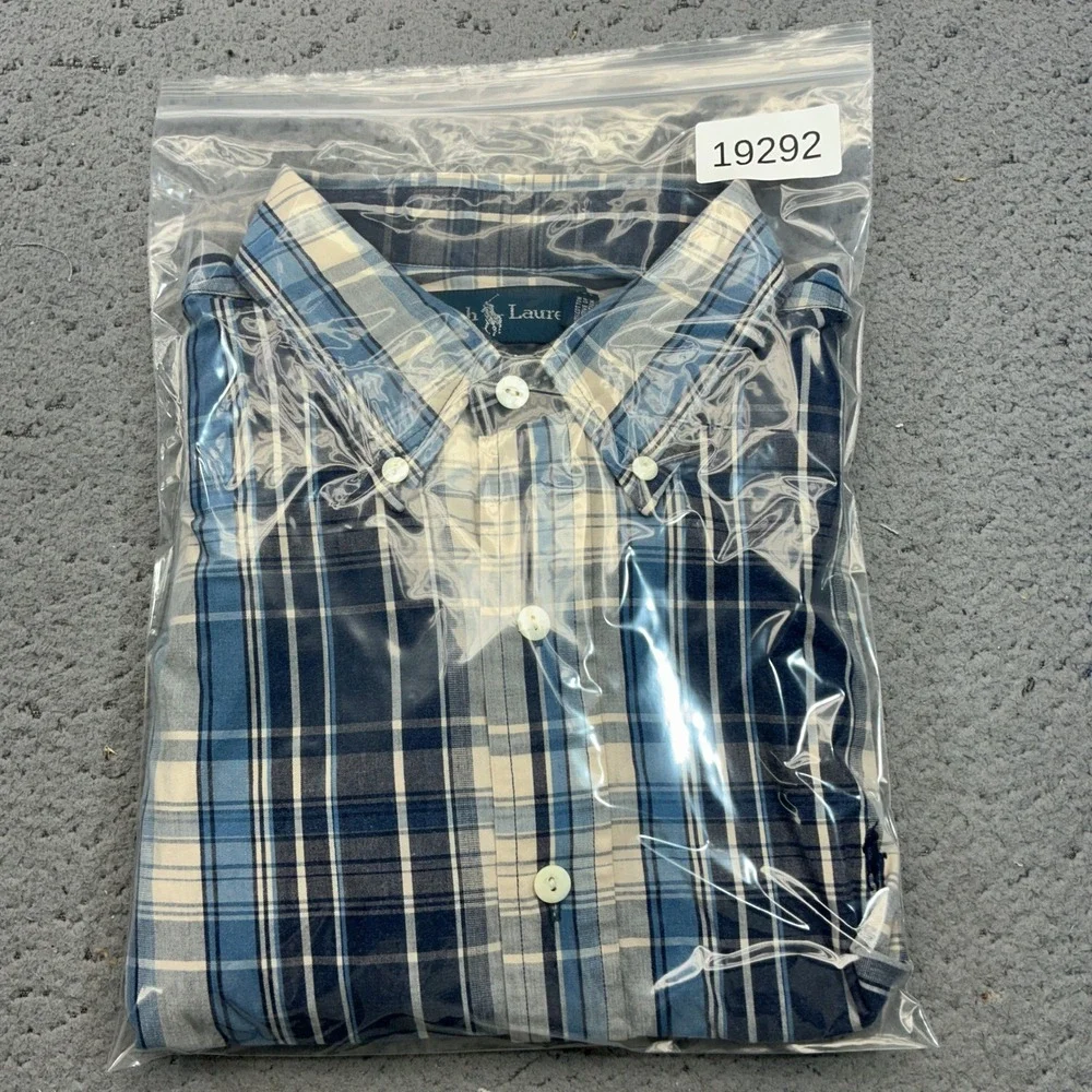 Ralph Lauren Button Down Mens Large Blue Plaid Custom Fit Long Sleeve Pony Logo